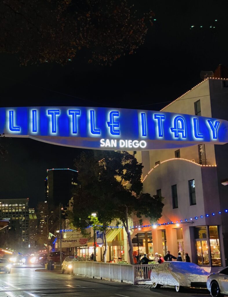 Little Italy sign that arcs over the street in San Diego