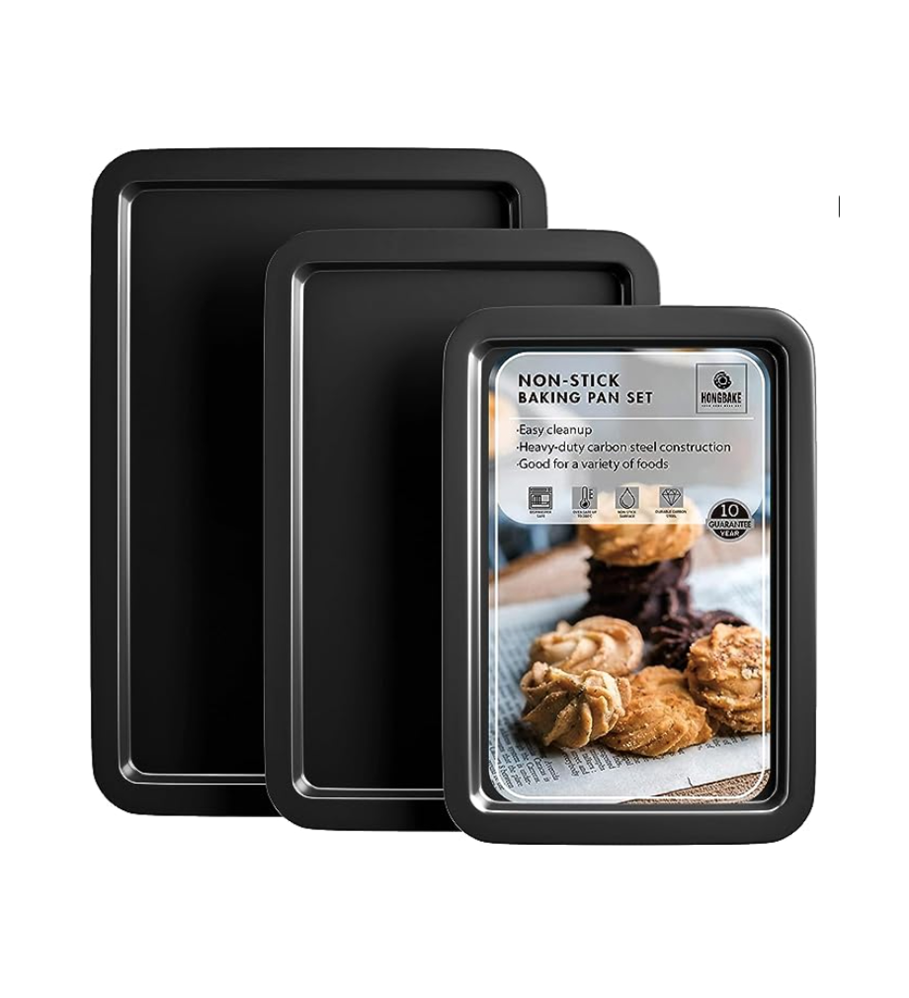 HONGBAKE Baking Sheet Pan Set, Cookie Sheet for Oven, Nonstick Bakeware Sets with Wider Grips, 3 Pack Half/Jelly Roll/Quarter Baking Tray, Premium, Dishwasher Safe - Dark Grey