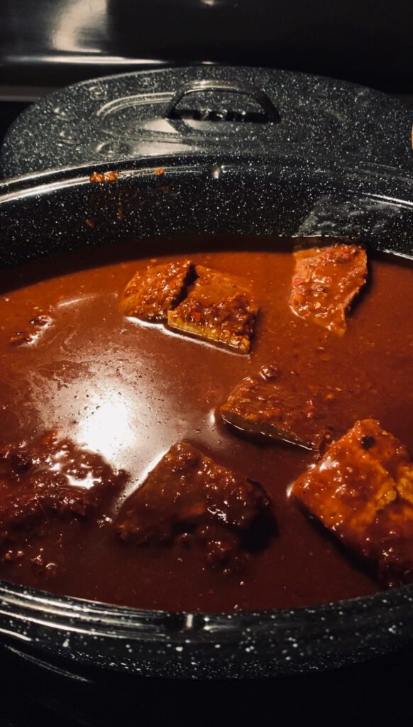 cubed chuck roast with birria sauce, beef stock, and apple cider vinegar