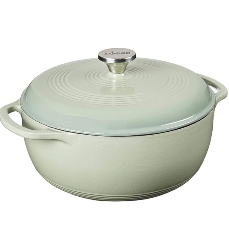 Lodge 6 Quart Enameled Cast Iron Dutch Oven with Lid – Dual Handles – Oven Safe up to 500° F or on Stovetop - Use to Marinate, Cook, Bake, Refrigerate and Serve – Desert Sage