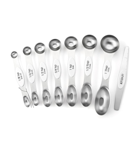 Spring Chef Magnetic Measuring Spoons Set, Dual Sided, Stainless Steel, Fits in Spice Jars, White, Set of 8