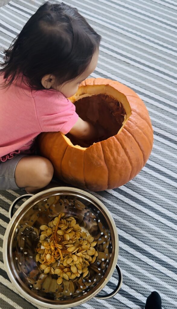 The toddler helps pull the seeds out of the pumpkin