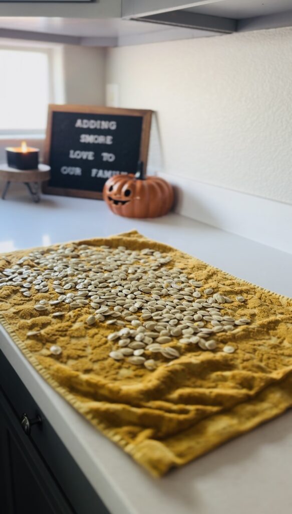 Pumpkin seeds laying out on a dry towel to allow them to dry before baking