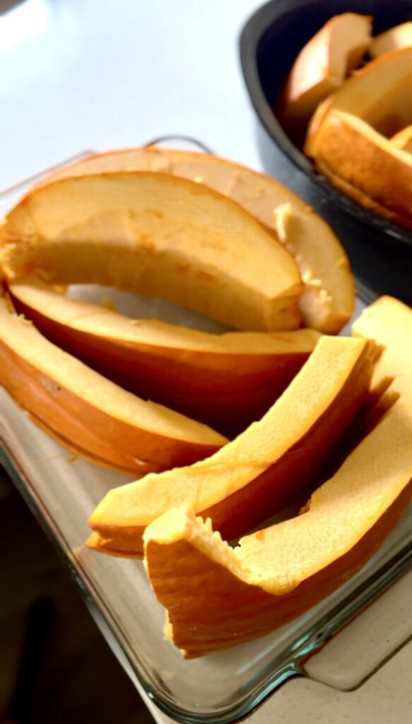 Place the pumpkin slices in a glass dish