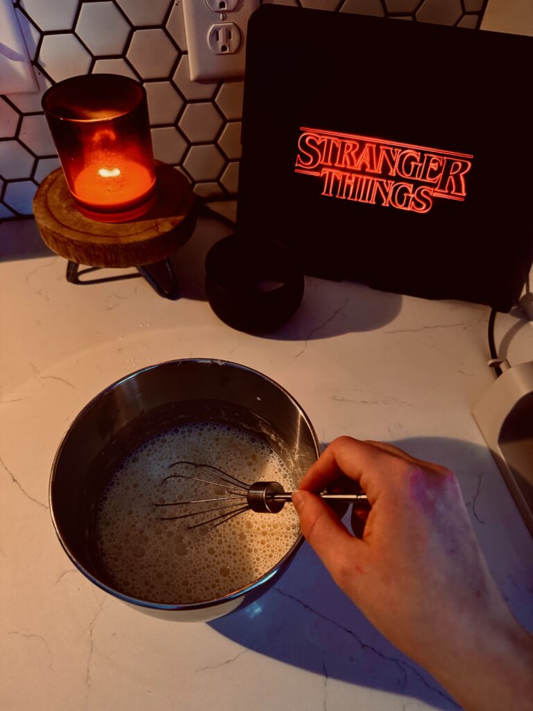 mix together the wet ingredients for demogorgan waffles