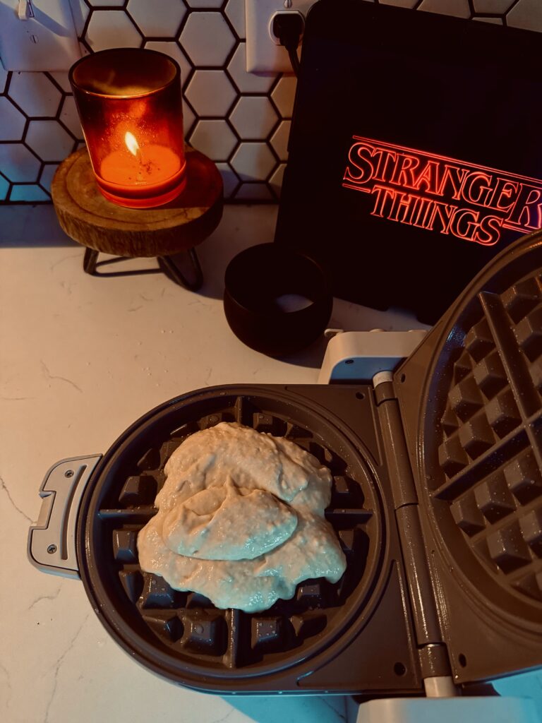 waffle batter in waffle maker