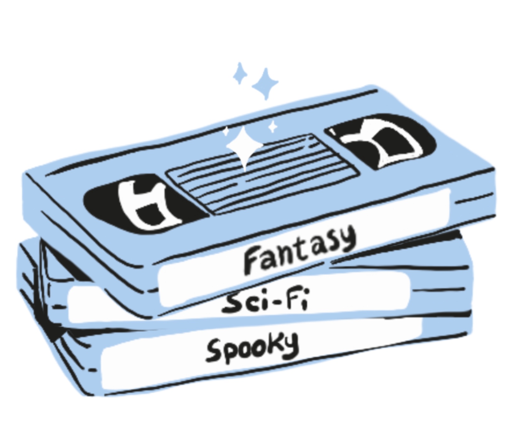 Stack of Video tapes with fantasy, sci-fi and spooky written on white labels on the side.