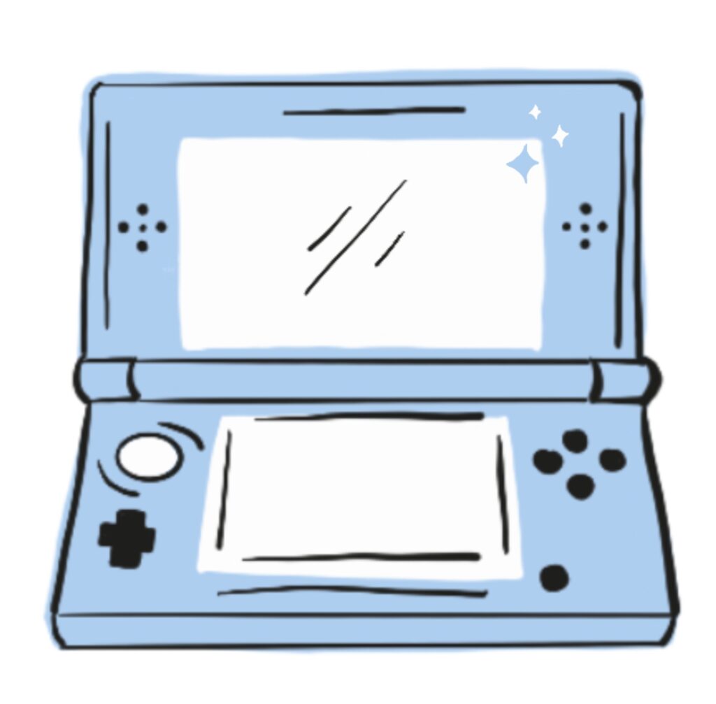 Illustrated small handheld gaming device much like a nintendo ds.