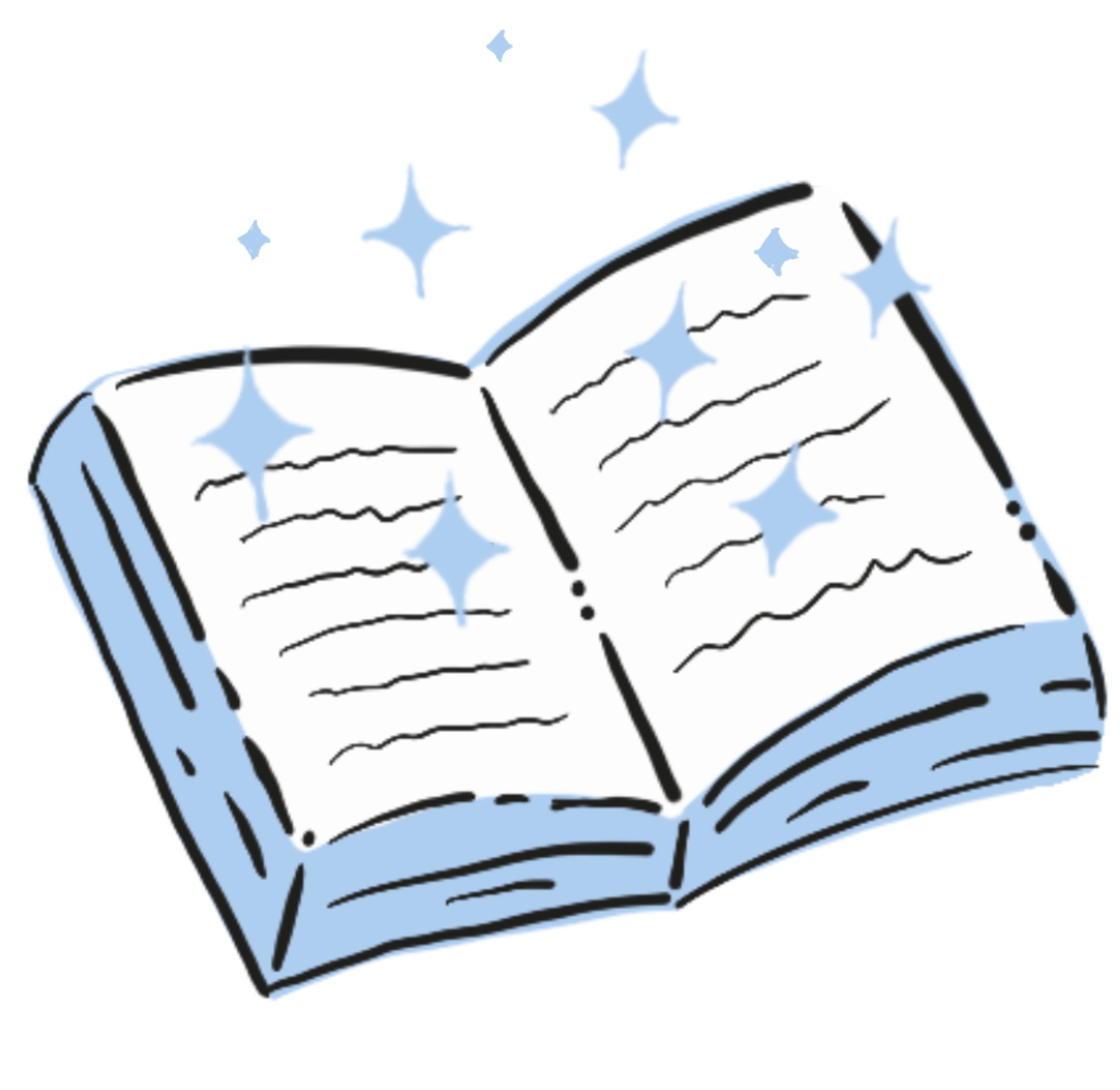 An illustrated open book with stars coming out like magic.