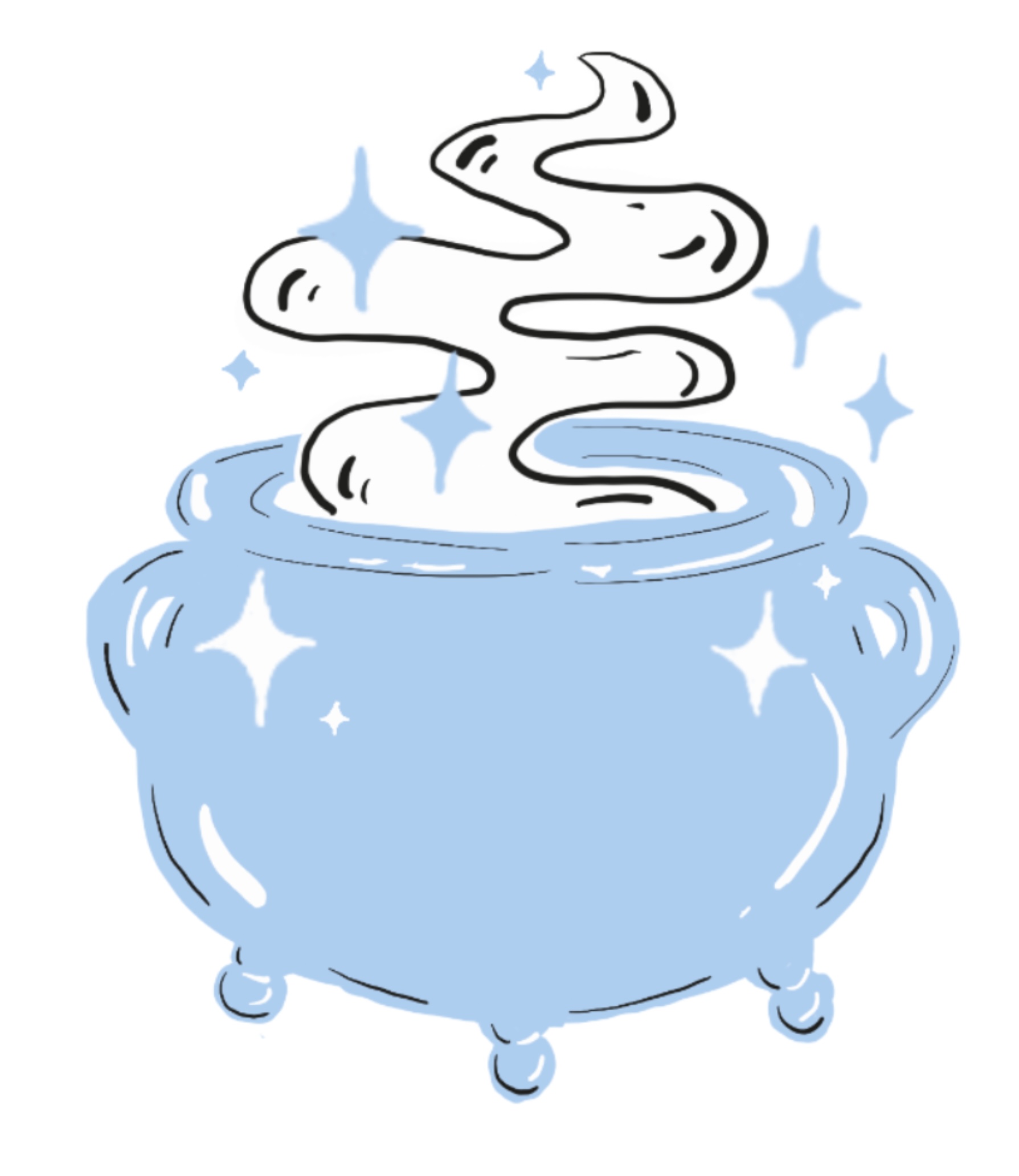 An illustrated bubbling cauldron with smoke coming out of it.