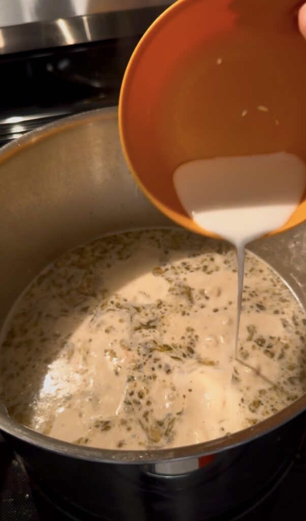 pouring the cornstarch slurry really slow into the soup